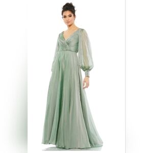 MAC DUGGAL 67873 SHEER BLOUSON SLEEVE SURPLICE SAGE CHIFFON GOWN  sz 8 NWT FLAW
